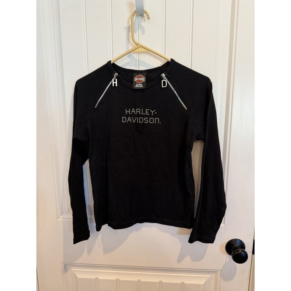 Harley Davidson Womens M Black Rhinestone Long Sleeve Shirt Zipper Shoulder USA